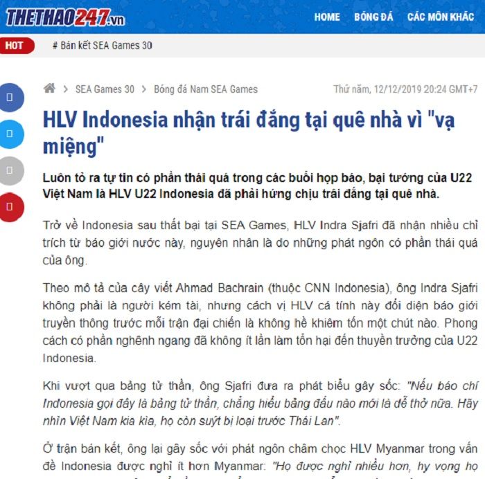 Pemberitaan media Vietnam terhadap sesumbar Indra Sjafri di SEA Games 2019 yang berujung buah pahit.