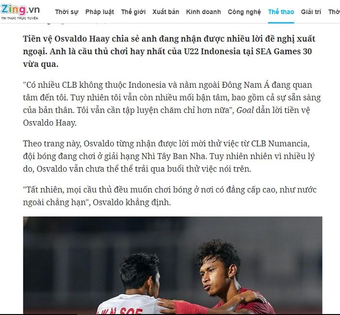 Pemberitaan media Vietnam terkait Osvaldo Haay yang diincar banyak klub luar Asia Tenggara.