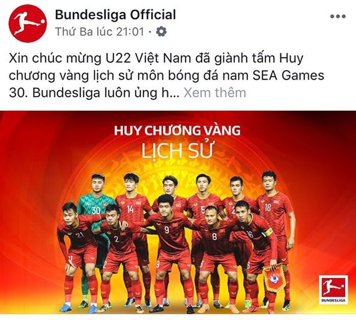 Facebook Bundesliga, memberikan ucapan selamat untuk timnas u-22 Vietnam setelah menyabet medali emas di final sepak bola SEA Games 2019.