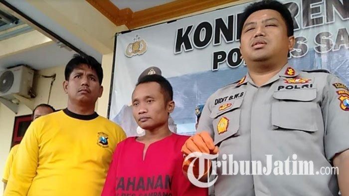 Pelaku saat diinterogasi oleh Kapolres Sampang, AKBP Bambang Budi Wibowo di Mapolres Sampang, Kamis (12/12/2019).