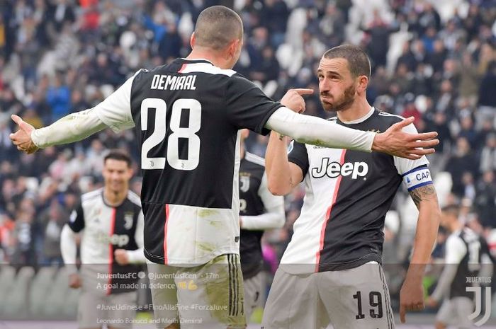 Selebrasi Leonardo Bonucci setelah mencetak gol ke gawang Udinese pada laga Juventus Vs Udinese, Minggu (15/12/2019).