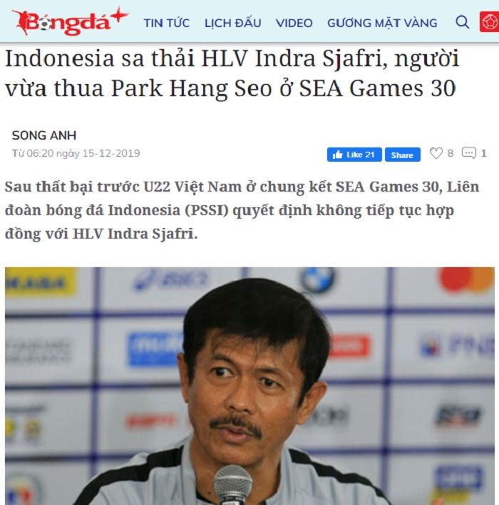 Pemberitaan media Vietnam, Bongdaplus yang menyebut Indra Sjafri dipecat PSSI usai kalah dari Park Hang-seo.