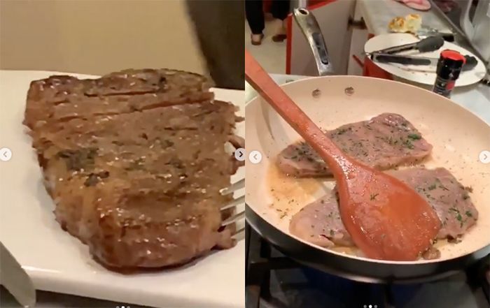 Veronica Tan memasak steak