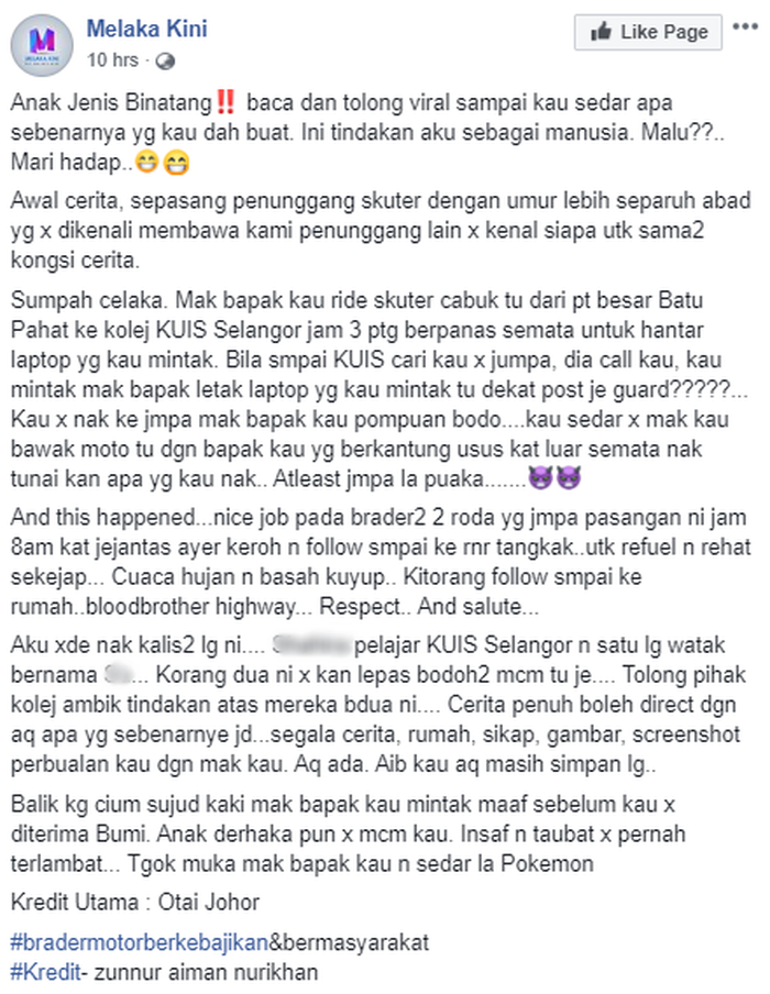 Tangkap layar unggahan Zunnur Aiman Nurikhan yang diunggah di Facebook Melaka Kini