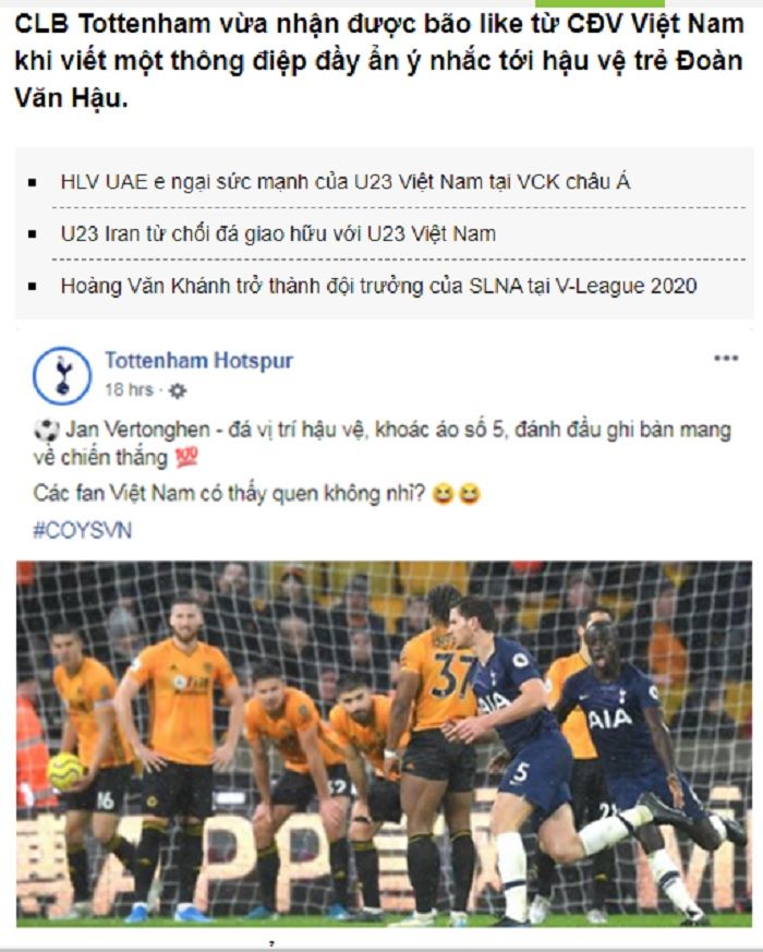 Pemberitaan media Vietnam Bongda24h.vn yang menyebut Tottenham Hotspur menyamakan Jan Vethongen dengan si pemberi cedera Evan Dimas di SEA Games 2019, Doan Van Hau.