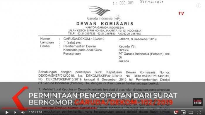 Surat pemecatan Ari Askhara dari semua jabatan di Garuda dan anak-cucu usahanya.