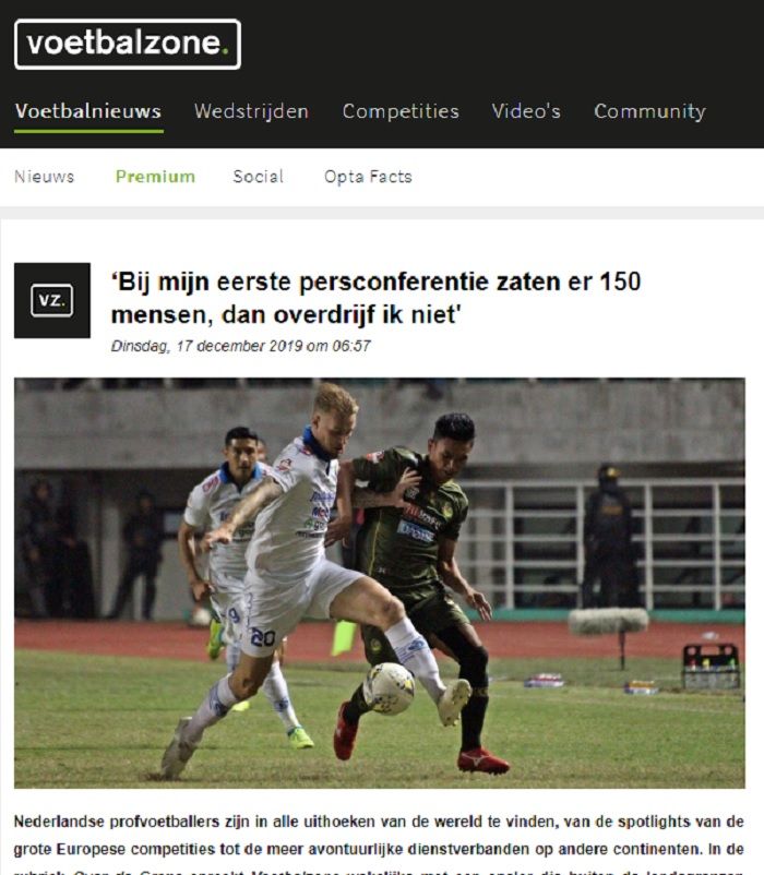 Pemberitaan media Belanda, voetbalzone.nl terkait tidak diperpanjangnya kontrak Kevin van Kippersluis di Persib Bandung.