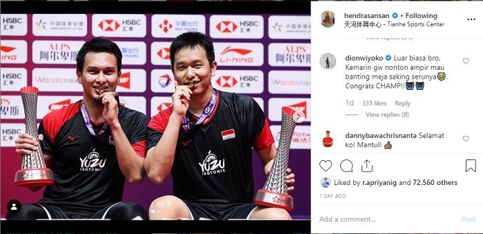 Komentar aktor Indonesia, Dion Wiyoko ketika menyaksikan laga The Daddies di laga final BWF World Tour Finals 2019.