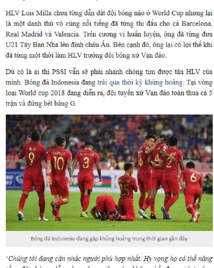 Pemberitaan media Vietnam yang menyebut sepak bola Indonesia tengah dalam krisis.