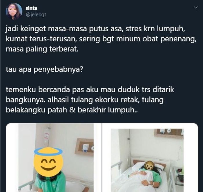 Viral curhatan seorang perempuan yang harus lumpuh usai kursi ditarik temannya.