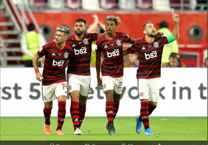 Para pemain Flamengo merayakan kemenangan atas Al-Hilal di semifinal Piala Dunia Klub 2019, Selasa (17/2/2019) di Doha, Qatar.