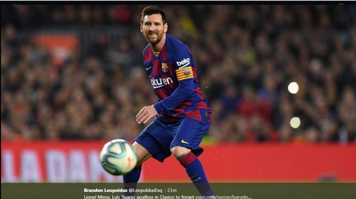 Aksi Lionel Messi dalam pertandingan Barcelona versus Real Madrid.