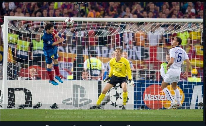 Lionel Messi mencetak gol lewat sundulan dalam partai final Liga Champions 2009 antara Barcelona kontra Manchester United.