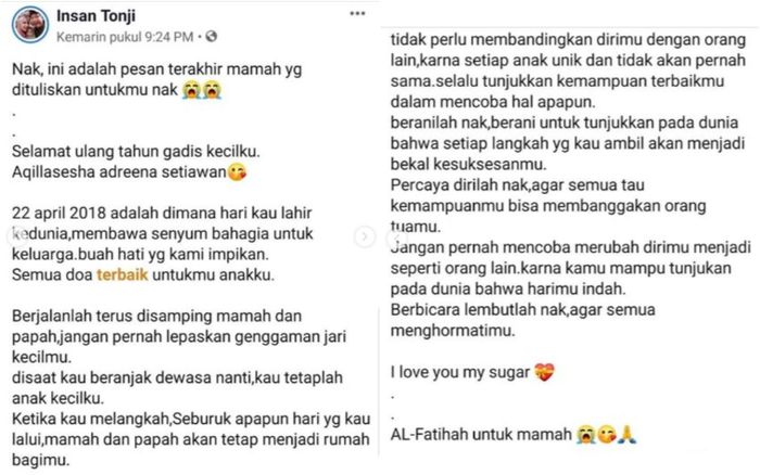 pesan terakhir fani untuk putrinya Aqeela.