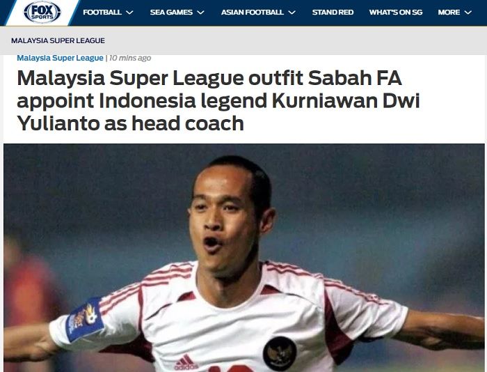 Pemberitaan Fox Sports Asia terkait penunjukkan Kurniawan Dwi Yulianto sebagai pelatih klub Malaysia, Sabah FA.