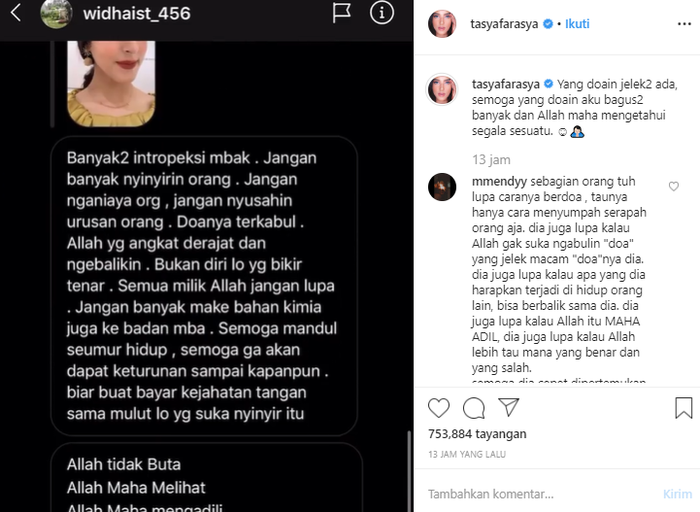 Unggahan Tasya dari netizen yang menghujatnya 
