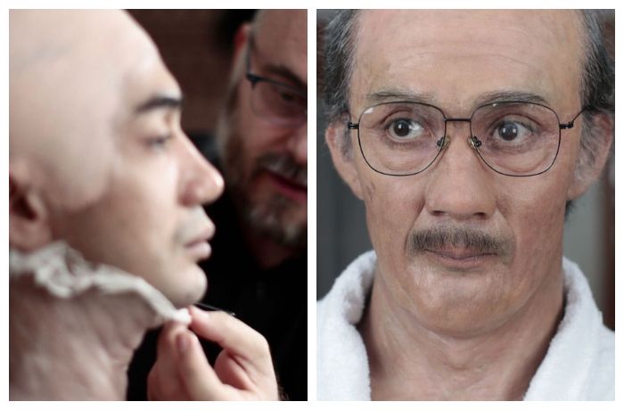 Penampakan Reza Rahadian saat dipasang makeup prostetik bagian wajahnya 