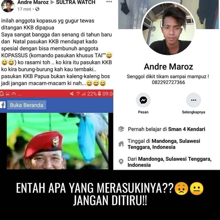 Postingan Facebook Andhre Marozz
