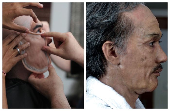 Penampakan Reza Rahadian dari samping saat dipasang makeup prostetik 