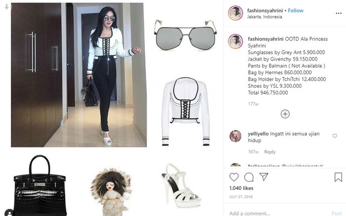 Unggahan OOTD dari Syahrini di akun Fashion Syahrini