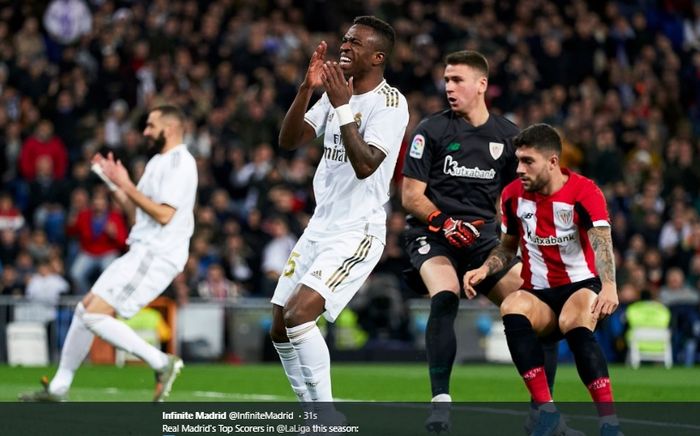 Ekspresi Vinicius Junior usai membuang peluang untuk membobol gawang Athletic Bilbao pada pertandingan di Stadion Santiago Bernabeu, Minggu (22/12/2019).