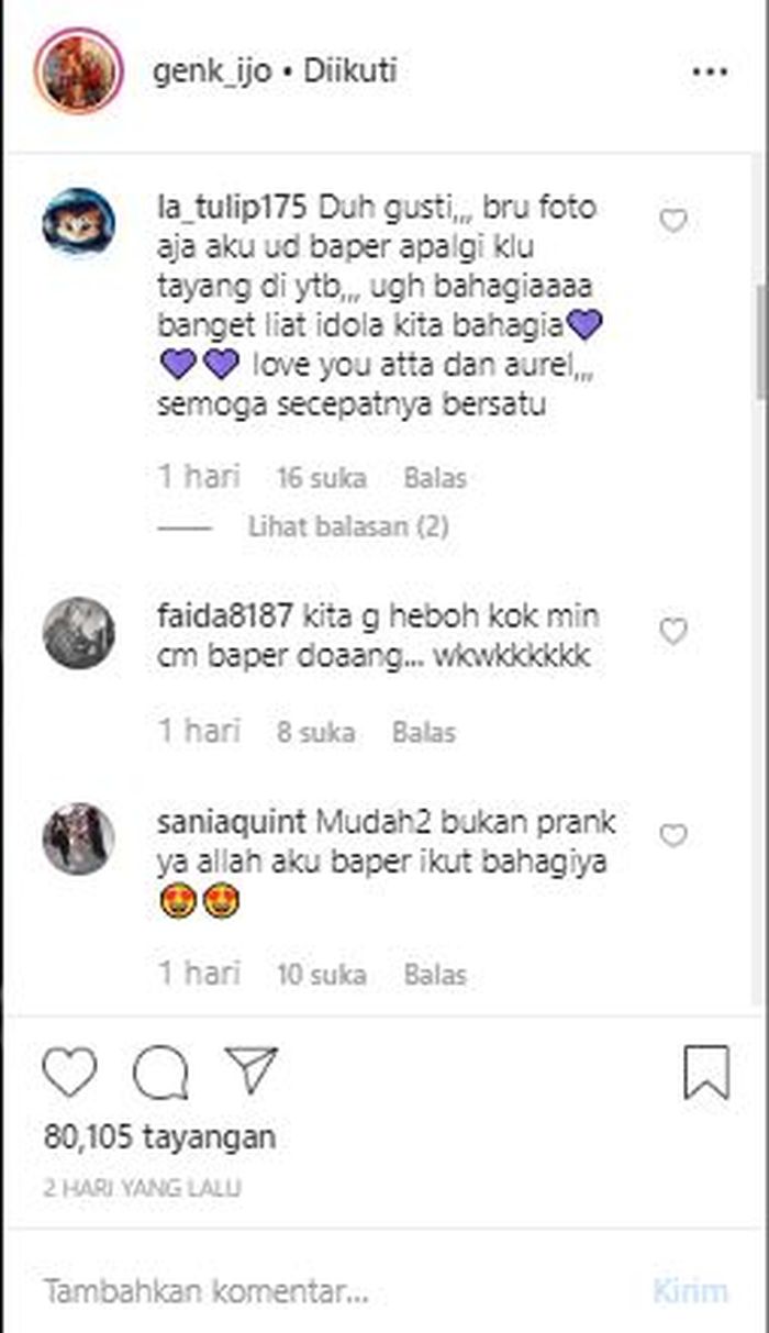 IG @genk_ijo
Komentar netizen soal foto Aurel Hermansyah dilamar Atta Halilintar.