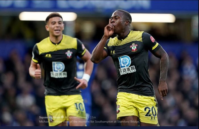 Michael Obafemi merayakan golnya untuk Southampton ke gawang Chelsea pada laga Liga Inggris di Stamford Bridge, London, 26 Desember 2019.