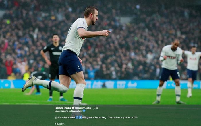 Harry Kane saat merayakan gol ke gawang Brighton dalam lanjutan Liga Inggris pekan ke-19, Kamis (26/12/2019).