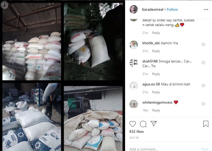 Postingan Tiara Dewi di Instagram, beras di gudang penyimpanan.