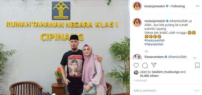 Kalimat romantis dari Mulan Jameela untuk menyambut bebasnya sang suami tercinta.