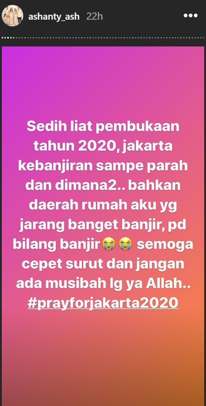 Unggahan Ashanty terkait bencana banjir yang menimpa kediamannya