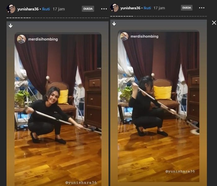 Cuek pakai setelan serba hitam, Yuni Shara justru curi perhatian kala dirinya jongkok untuk mengepel lantai