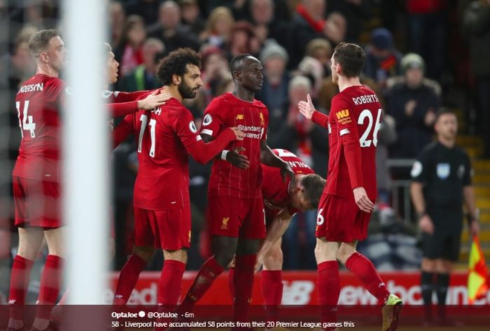 Para pemain Liverpool turut merayakan gol yang dicetak oleh Sadio Mane ke gawang Sheffield United pada pertandingan pekan ke-21, Kamis (2/1/2020).