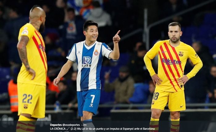Pemain Espanyol asal China, Wu Lei, sukses menyamakan kedudukan sekaligus menyelamatkan timnya dari kekalahan usai bermain imbang 2-2 melawan Barcelona pada pertandingan pekan ke-19 Liga Spanyol, Sabtu (4/1/2020).