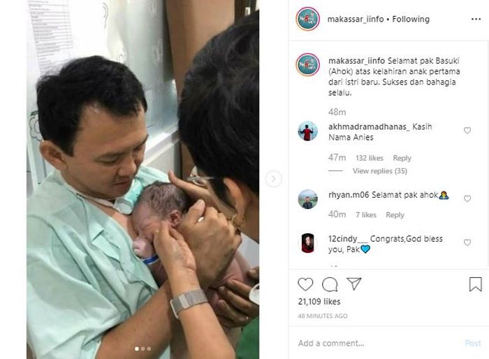 Potret Ahok menggendong putranya untuk pertama kali.