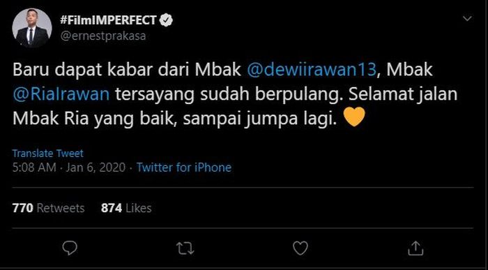 Ernest Prakasa ungkap belasungkawa atas meninggalnya Ria Irawan.