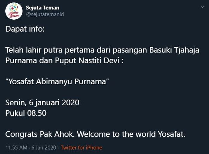 Istri Ahok telah melahirkan anak pertama yang diberi nama Yosafat Abimanyu Purnama
