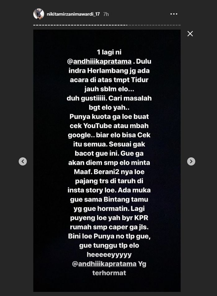 Blak-blakan Niki menantang Andhika untuk menghubunginya secara langsung dan minta maaf