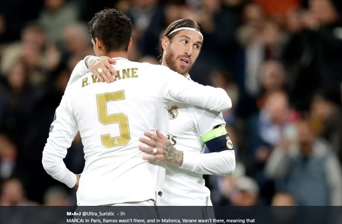 Dua bek tengah Real Madrid, Raphael Varane dan Sergio Ramos.