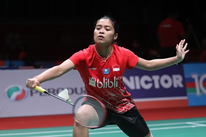 Pebulu tangkis tunggal putri Indonesia, Gregoria Mariska Tunjung, saat bertanding melawan Ratchanok Intanon pada babak kedua Malaysia Masters 2020.