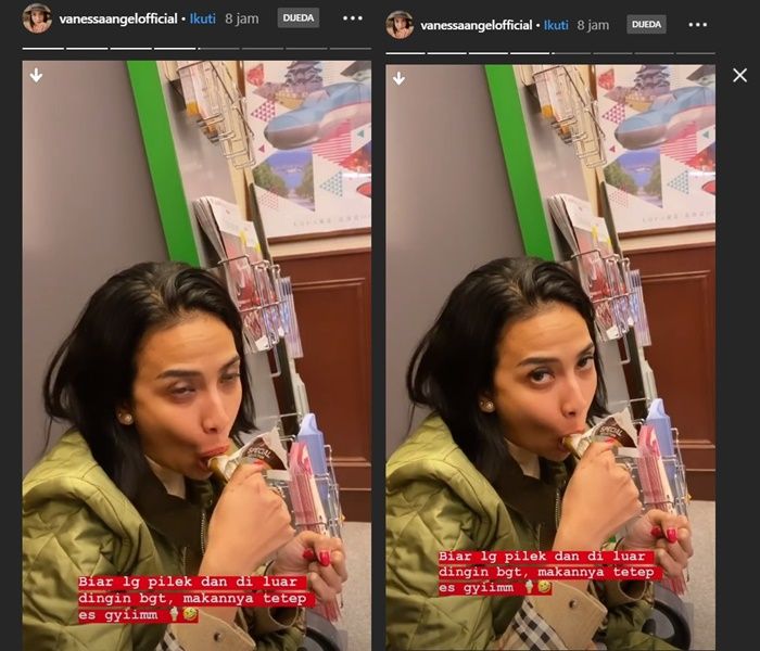 Gaya santai Vanessa Angel saat kulum es krim kala dirinya memakai jaket tebal