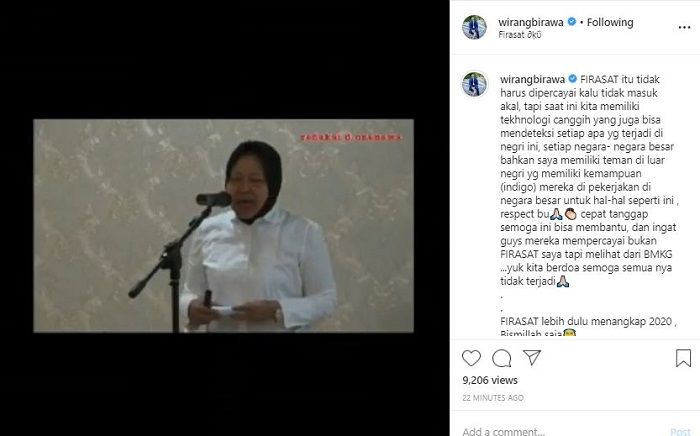 Unggahan Wirang Birawa tentang ramalannya yang mendapat apresiasi Walikota Surabaya, Tri Rismaharini
