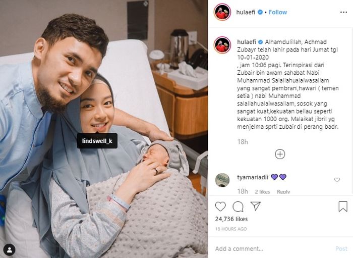 Achmad Hulaefi dan Lindswell Kwok dikaruniai anak pertama mereka