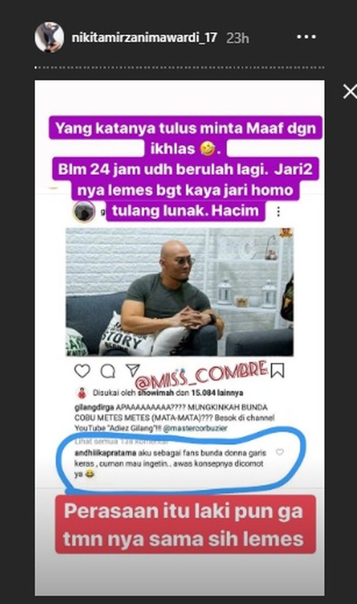 Kekesalan Nikita melihat komentar Andhika di Instagram Gilang Dirga