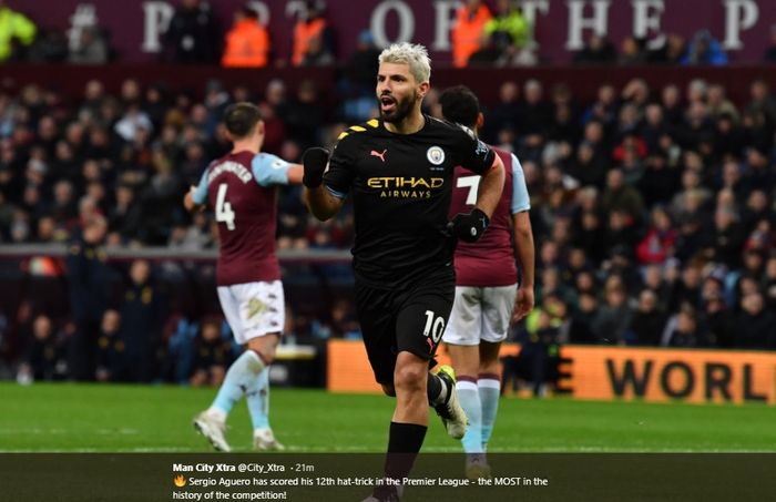 Sergio Aguero merayakan gol yang dicetaknya ke gawang Aston Villa pada pertandingan pekan ke-22 Liga Inggris, Minggu (12/1/2020).