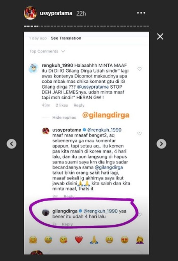 Penjelasan Ussy mengenai komentar sang suami di akun Instagram @gilangdirga