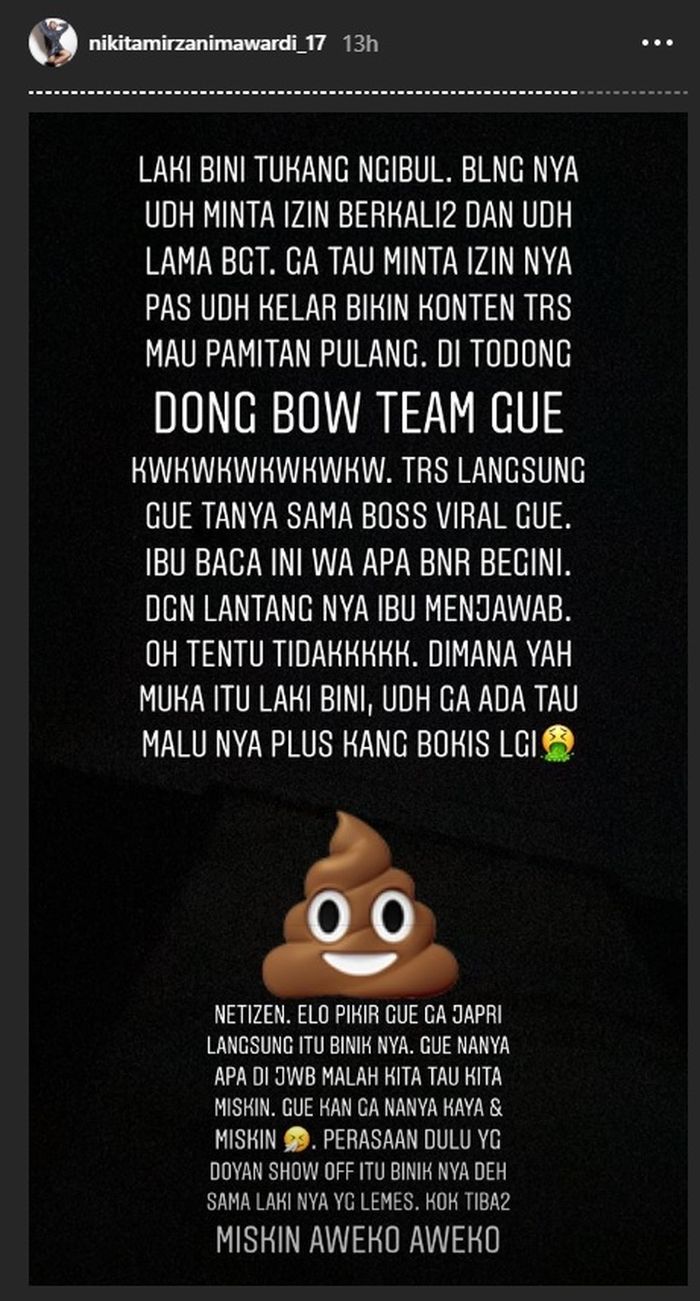 Postingan terbaru Nikita Mirzani dalam Instagram Story-nya