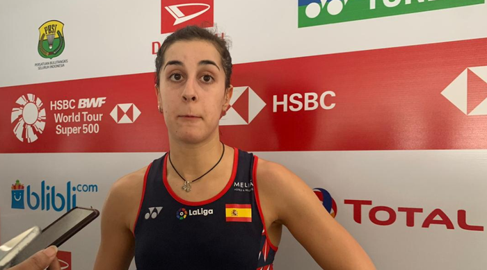 Pebulu tangkis tunggal putri Spanyol, Carolina Marin, ketika ditemui di mixed zone selepas pertandingan babak pertama Indonesia Masters 2020 di Istora Senayan, Jakarta, 15 Januari 2020.