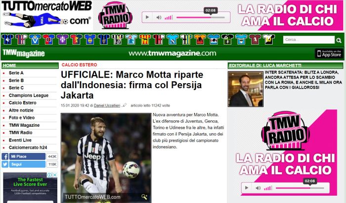 Berita transfer Marco Motta ke Persija Jakarta yang dimuat media Italia, Tuttomercatoweb.