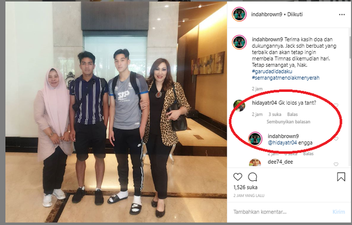 Unggahan Indah Brown di media Instagram terkait nasib putranya Jack Brown dalam seleksi timnas U-19 Indonesia.